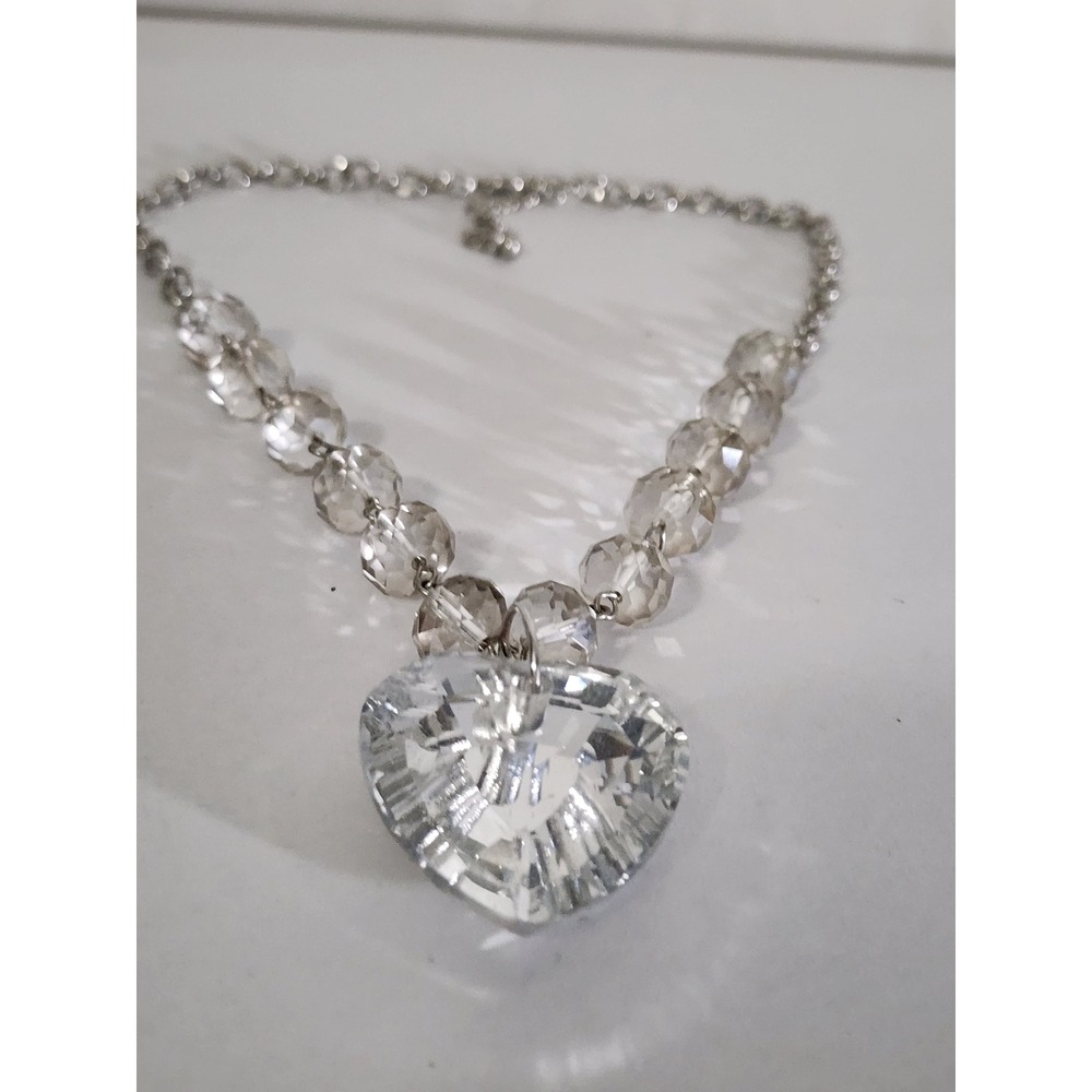 Crystal Heart Pendant Necklace Silver Tone Faceted Bead Chain Adjustable Clasp